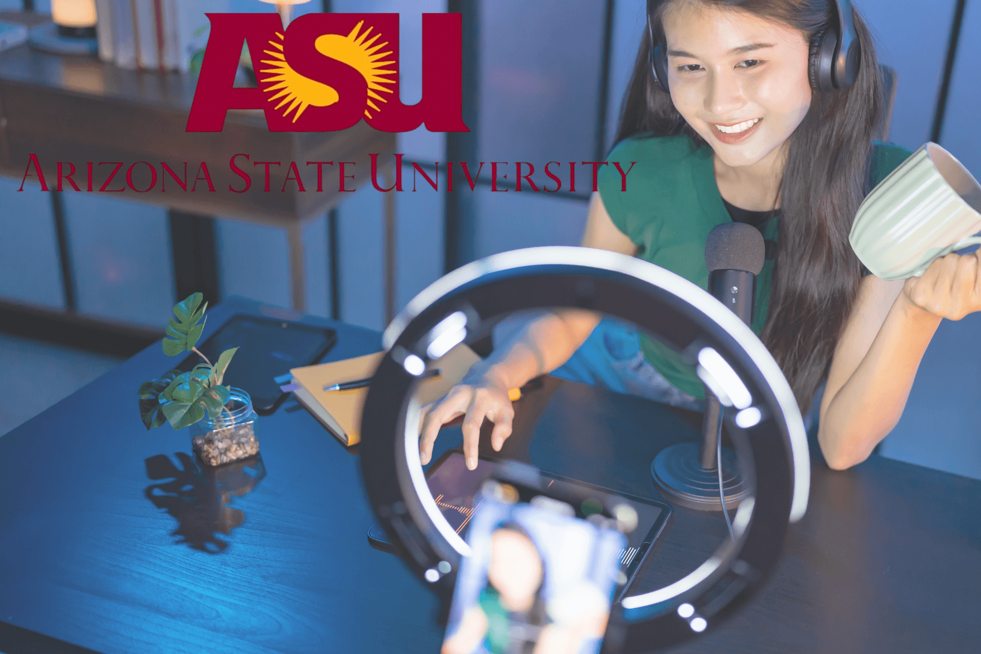 Arizona State University Logo and a girl in front of a video recording light