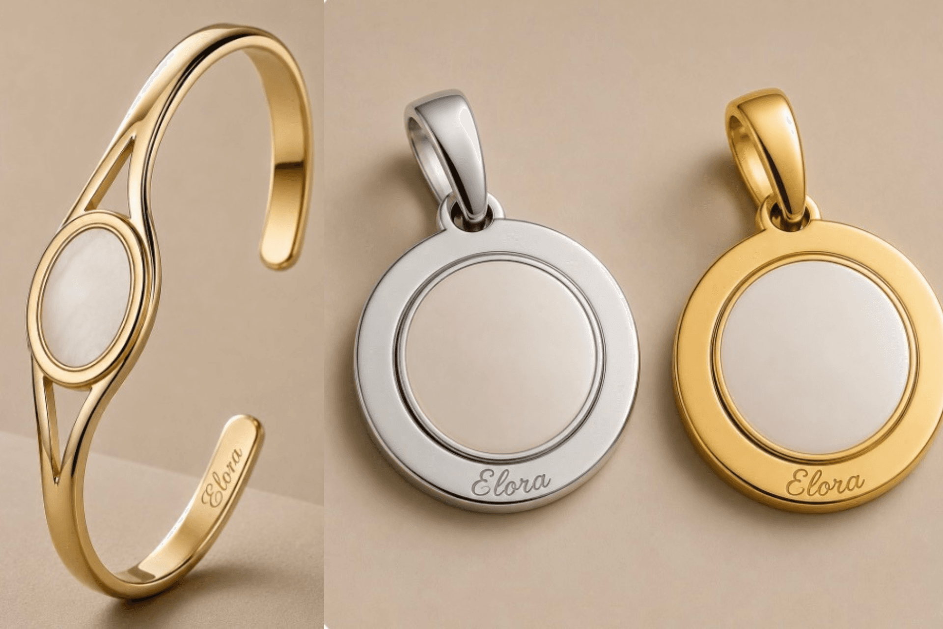 A gold bracelet on left and silver and gold charm on right
