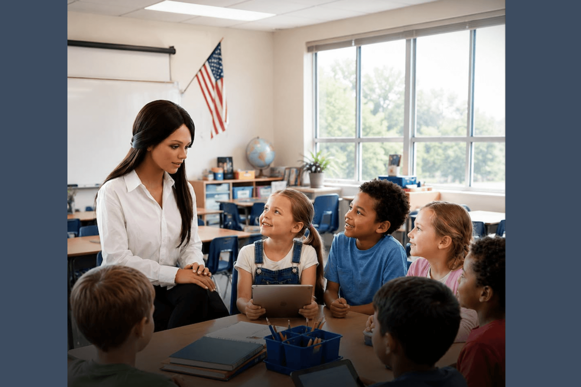 A humanoid robot siting around students