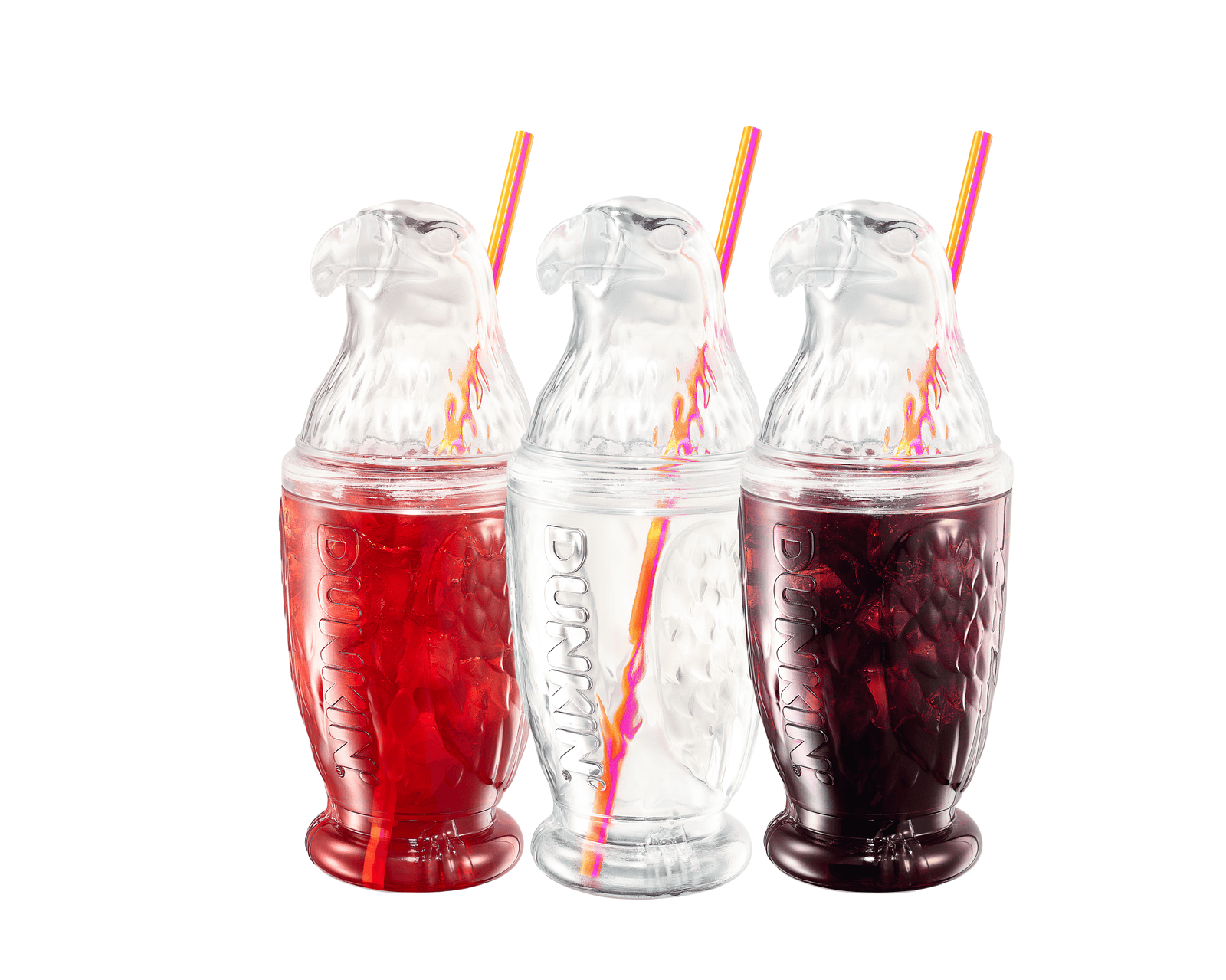 three clear plastic cups shaped to look like eagles. One has a red beverage, one has nothing, and the other has a blueberry beverage.