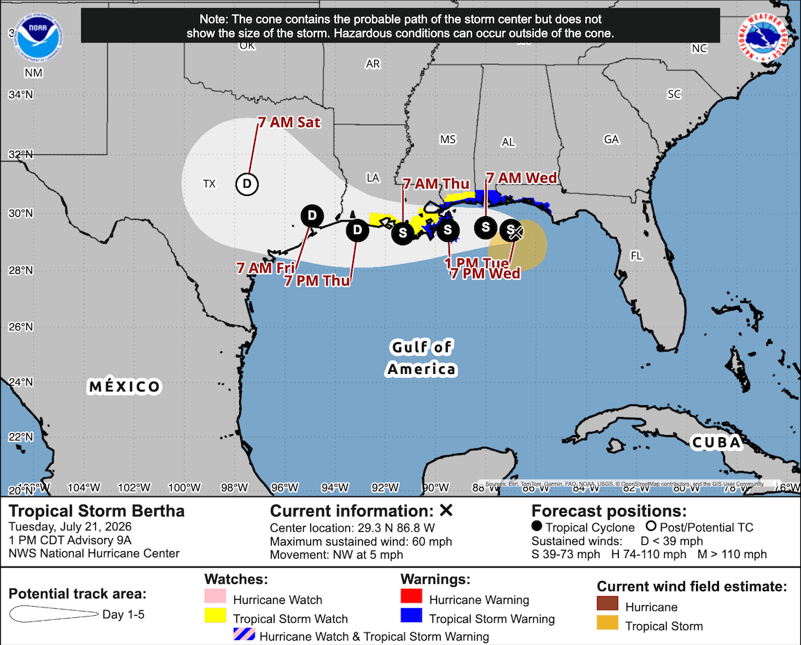 A cone map showing a storm moving over Louisiana coast into Texas this week.
