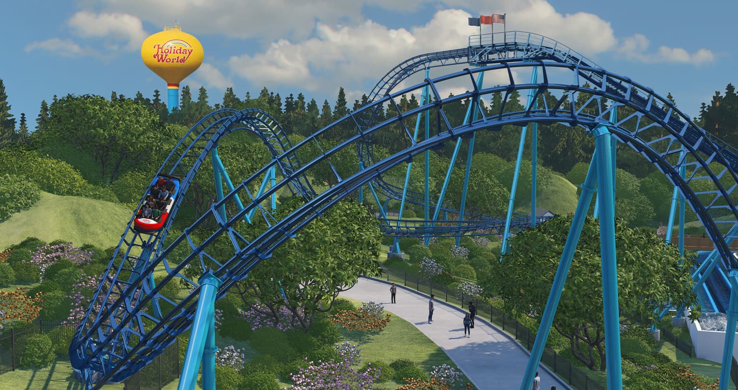 a roller coaster with "Holiday World" in the back