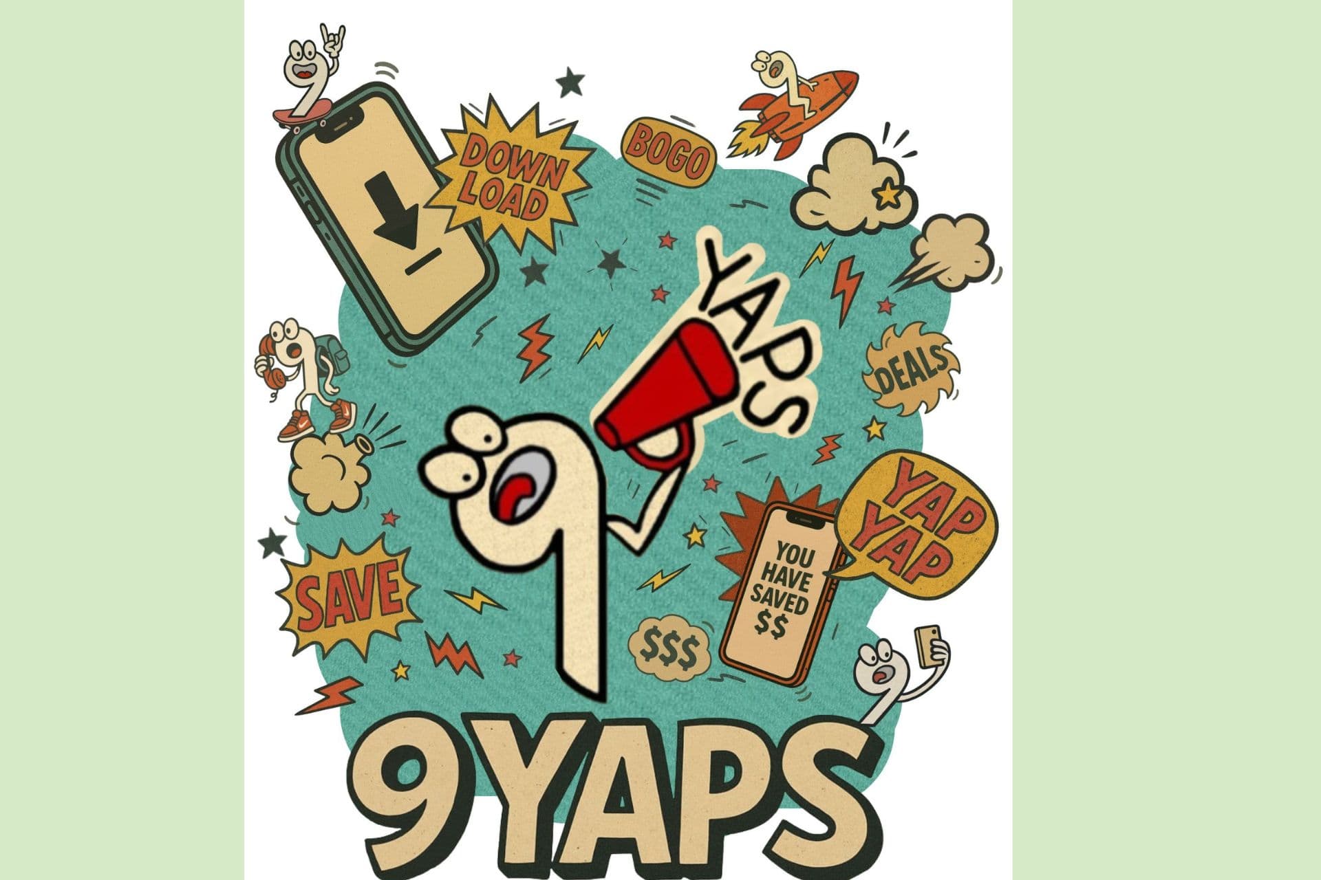 green background with a collage for 9Yaps with phones and deal cartoons