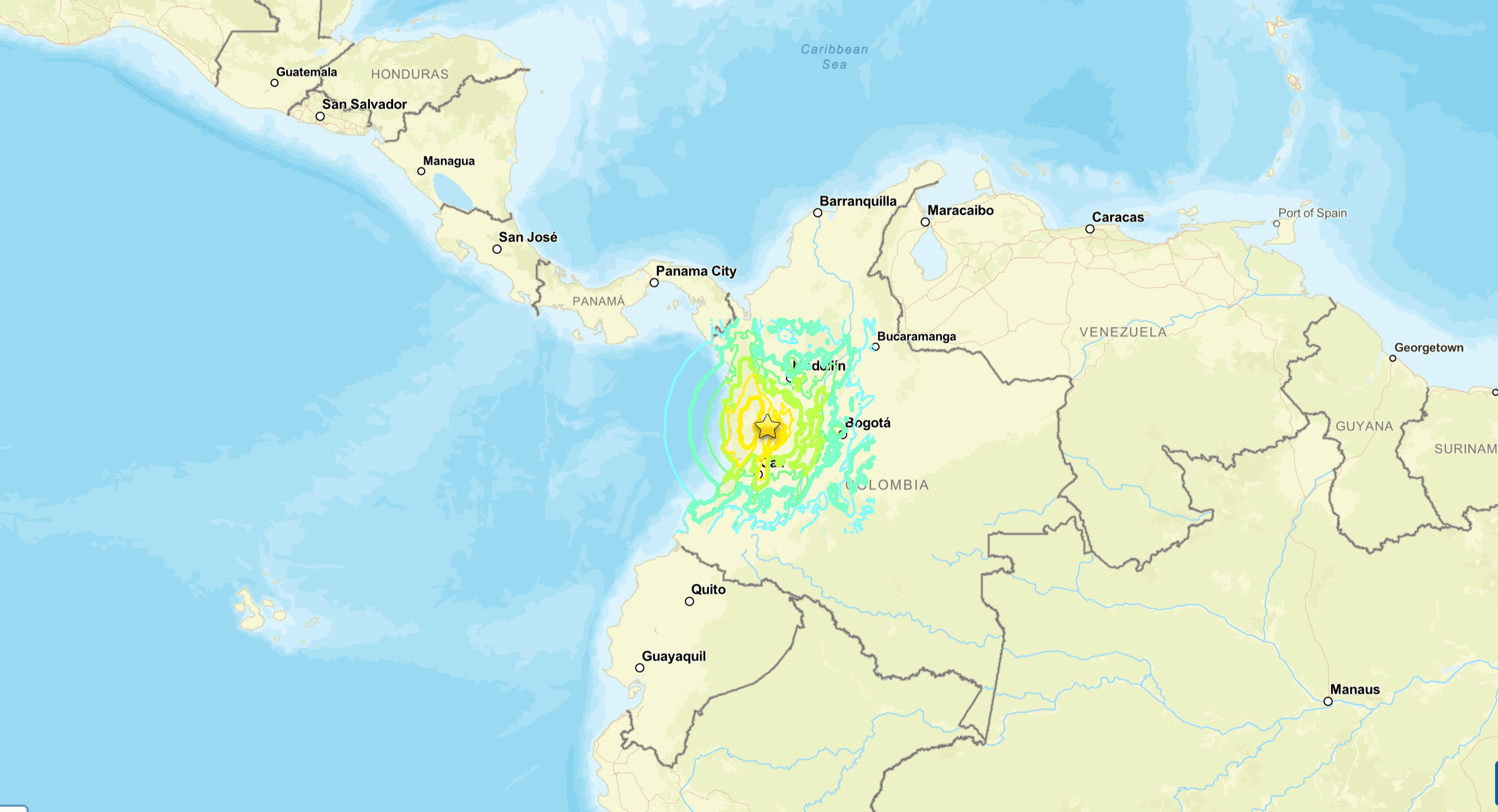 star with blue waves representing earthquake shock in Colombia